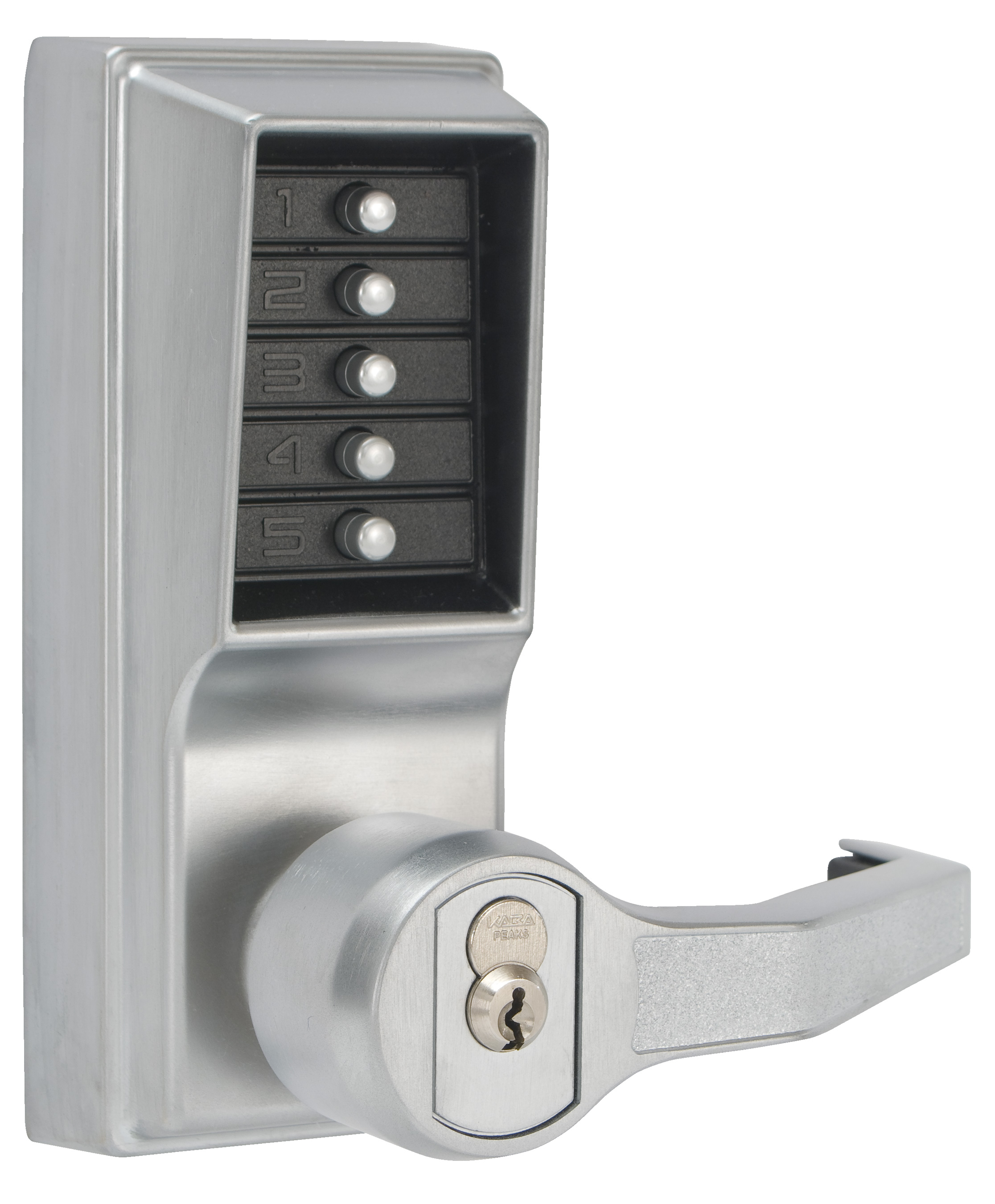 Kaba Simplex LR1021S26D Right Hand Mechanical Pushbutton Lever Lock with Key Override Schlage Prep and 2-3/4 Inch Backset Satin Chrome Finish