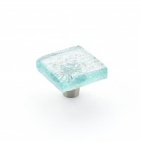 Schaub Ice 1 1/2 inch Square Knob in Aqua Pearl with Stainless Steel Stem