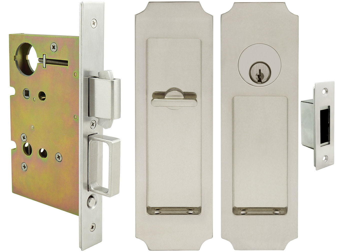Inox PD8450 Mortise Pocket Door Entry Lockset, FH32 Crown Flush Pull