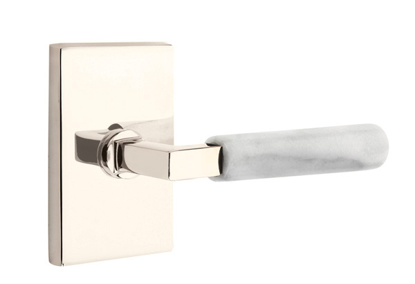 Emtek White Marble L-Square Style Door Lever with Modern Rectangular Rosette