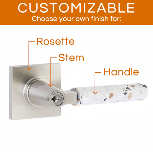 Emtek Select - Customizable Light Terrazzo L-Square Keyed Entrance Lever with Square Rosette