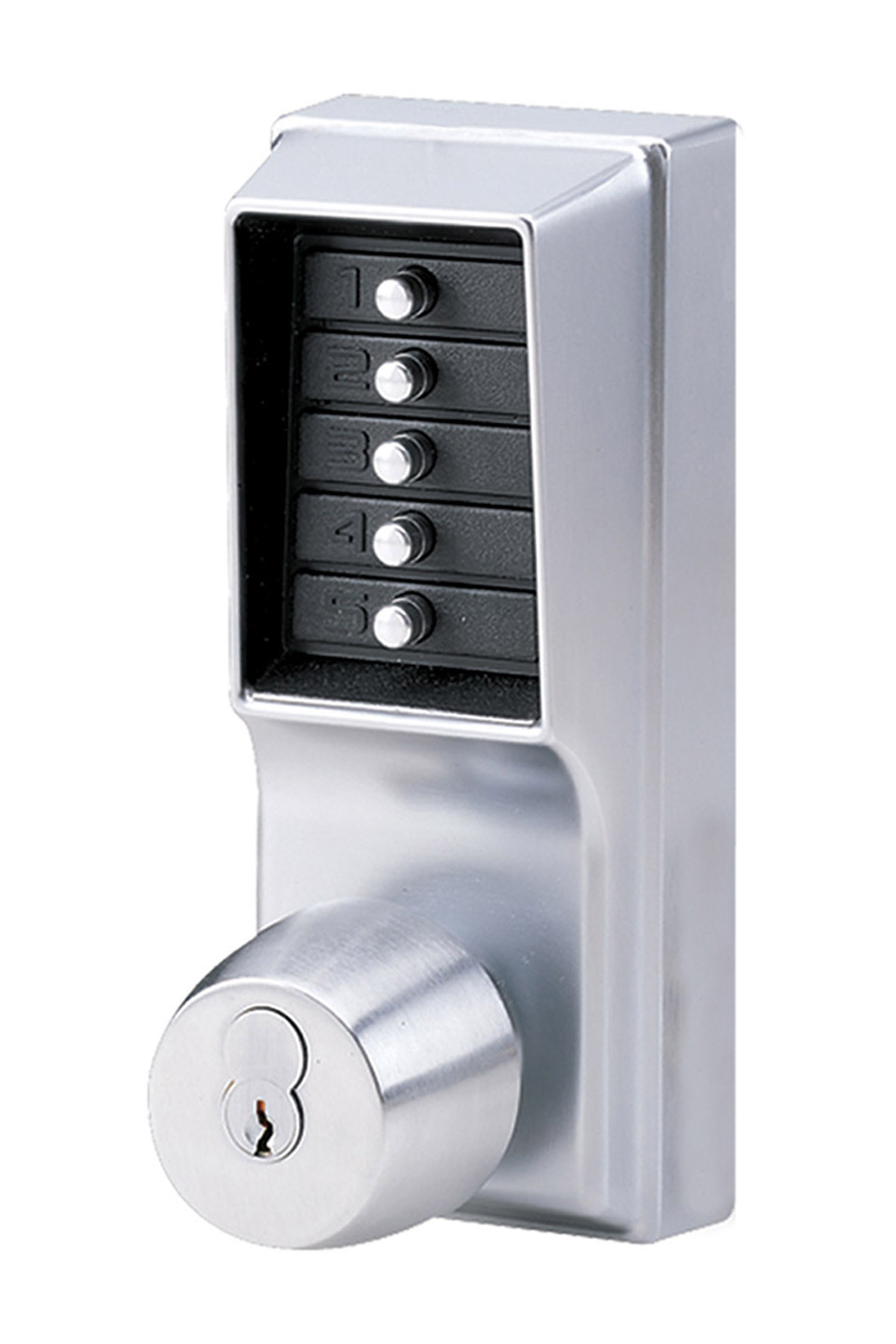 Kaba Simplex 1021S26D Mechanical Pushbutton Knob Lock Combination with Key Override 2-3/4 Inch Backset and Schlage Prep Satin Chrome Finish