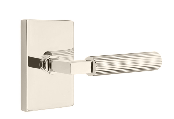 Emtek Straight Knurled Square Style Door Lever with Modern Rectangular Rosette