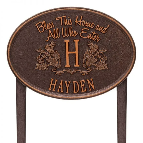 Whitehall Bless This Home Monogram Oval Plaque, Standard Lawn 2-line