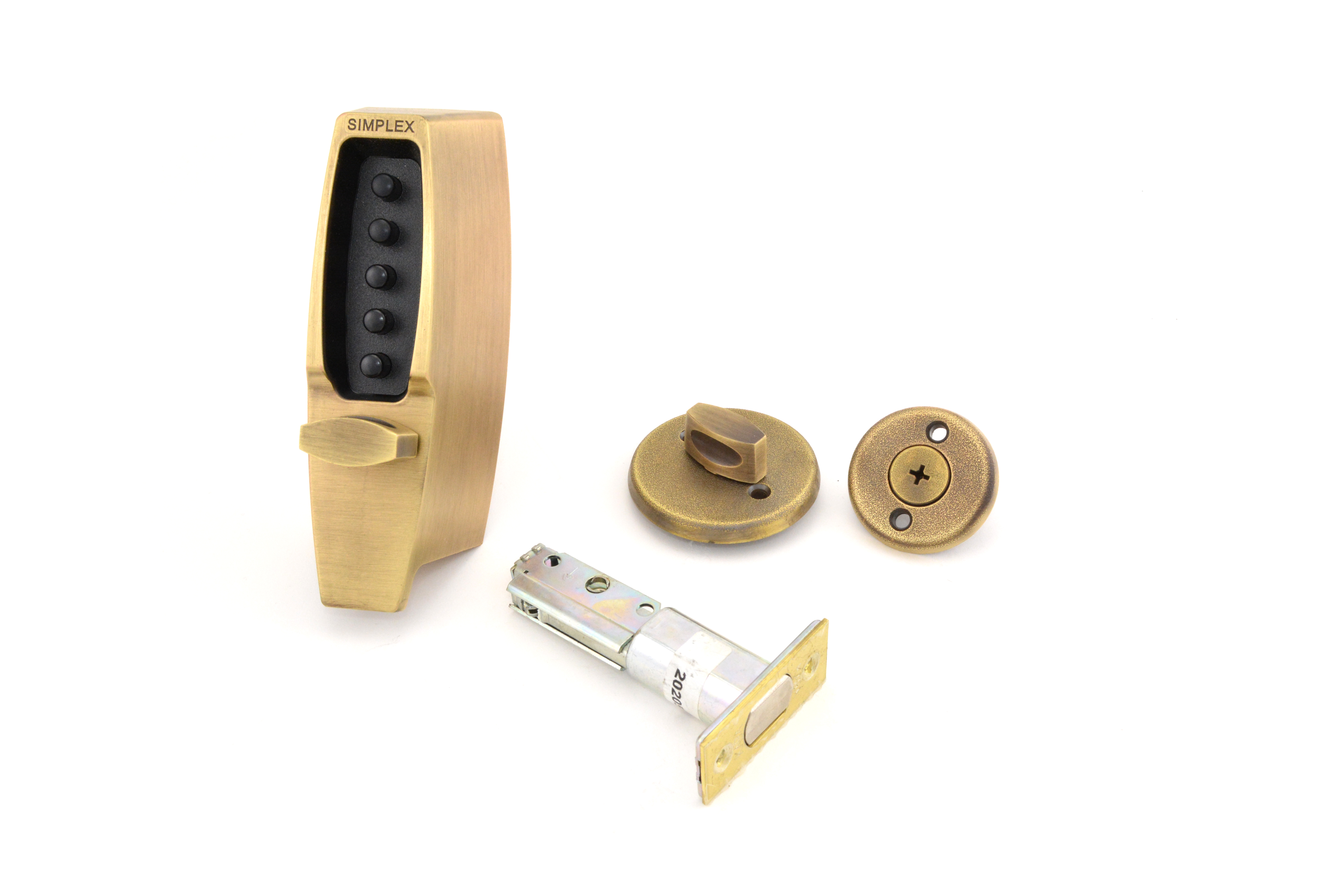 Kaba Simplex 710205 Mechanical Pushbutton Auxiliary Lock with Thumbturn 1 Inch Deadbolt and 2-3/4 Inch Backset Antique Brass Finish