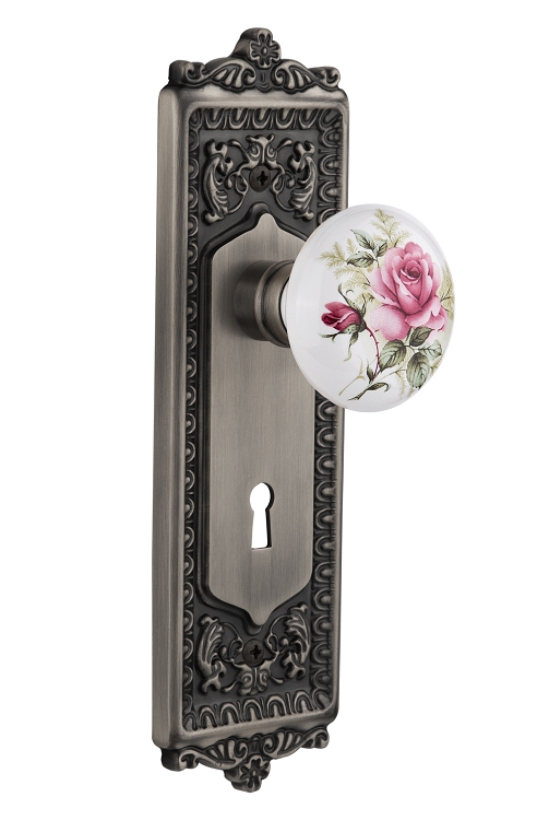 Nostalgic Warehouse Egg and Dart Plate with White/Rose Porcelain Knob - Mortise Lock
