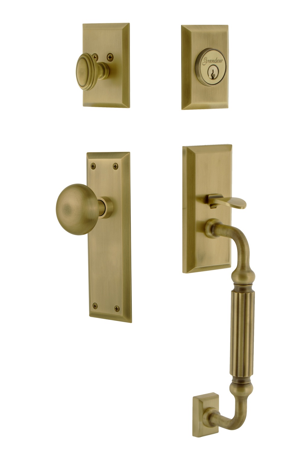 Grandeur Fifth Avenue Handleset with F Grip and Fifth Avenue Interior Plates