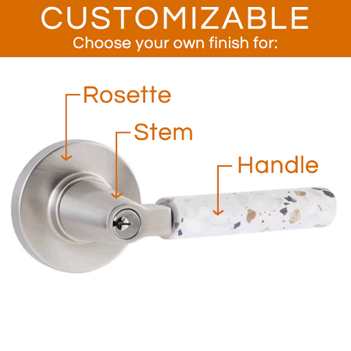 Emtek Select - Customizable Light Terrazzo L-Square Keyed Entrance Lever with Disk Rosette
