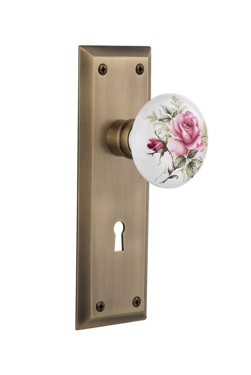 Nostalgic Warehouse New York Plate with White/Rose Porcelain Knob - Mortise Lock