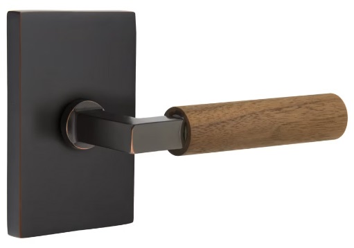 Emtek Walnut Grip L-Square Style Door Lever with Modern Rectangular Rosette