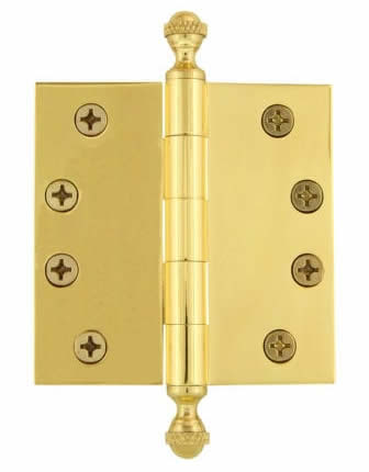 Grandeur 4 inch Acorn Tip Hinge with Square Corners, Polished Brass