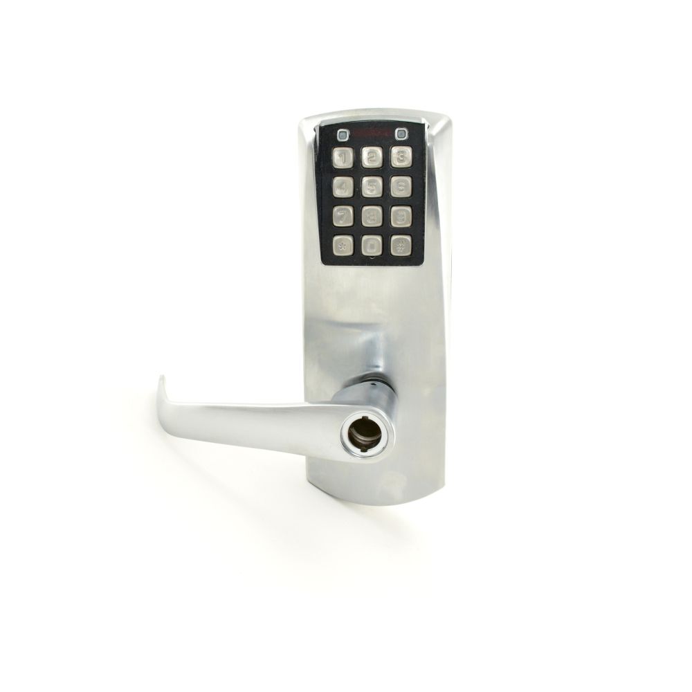 Kaba Simplex P2031XSLL626 Powerplex Self Powering Pushbutton Cylindrical Lock 2-3/4 Inch Backset Kaba Key in Lever with Long Lever Satin Chrome Finish